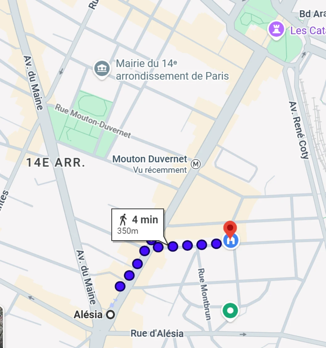 Plan du trajet à pied depuis le métro Alésia jusqu’au 32 rue Rémy Dumoncel : 4 minutes, 350 mètres