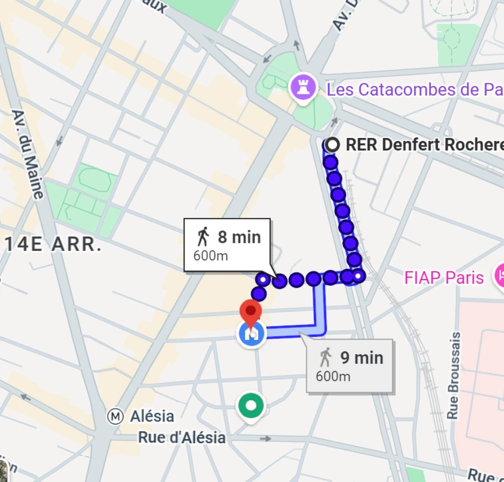 Plan du trajet à pied depuis le RER Denfert-Rochereau jusqu’au 32 rue Rémy Dumoncel : 8 minutes, 600 mètres