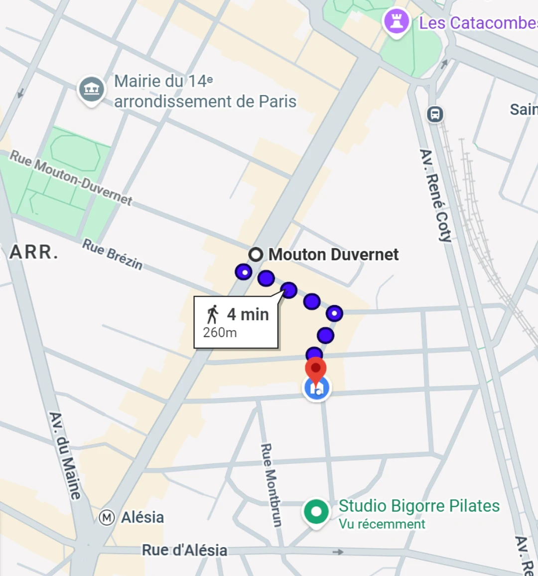 Plan du trajet à pied depuis le métro Mouton-Duvernet jusqu’au 32 rue Rémy Dumoncel : 4 minutes, 260 mètres