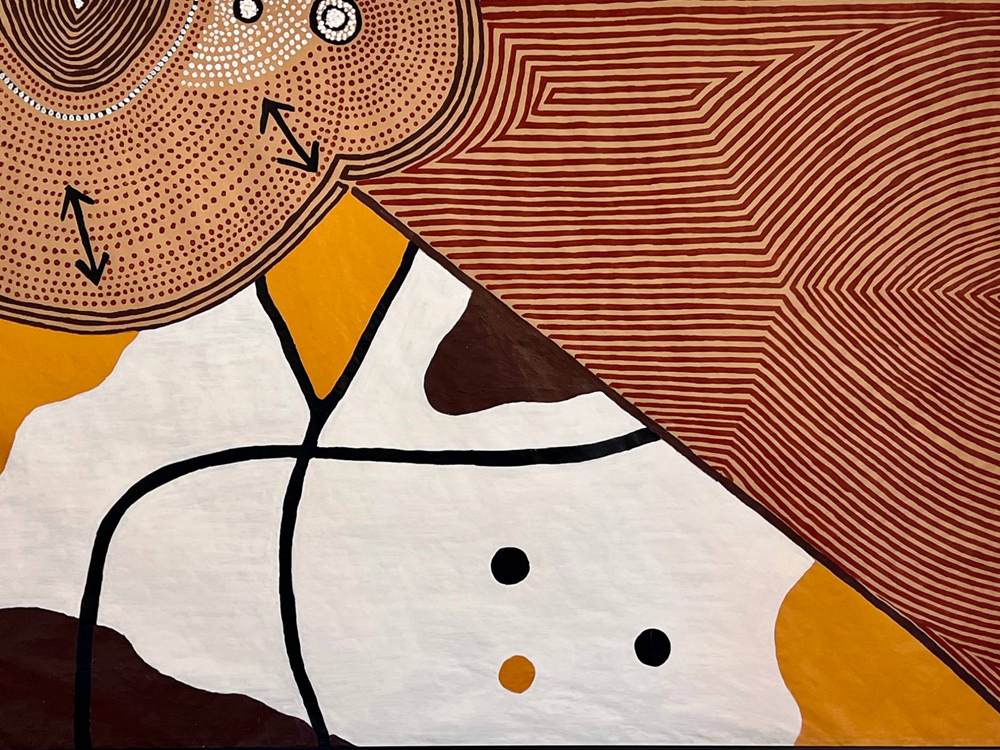 Tableau inspiré de l'art aborigène aux motifs de points et de lignes, dans les tons ocre et moutarde